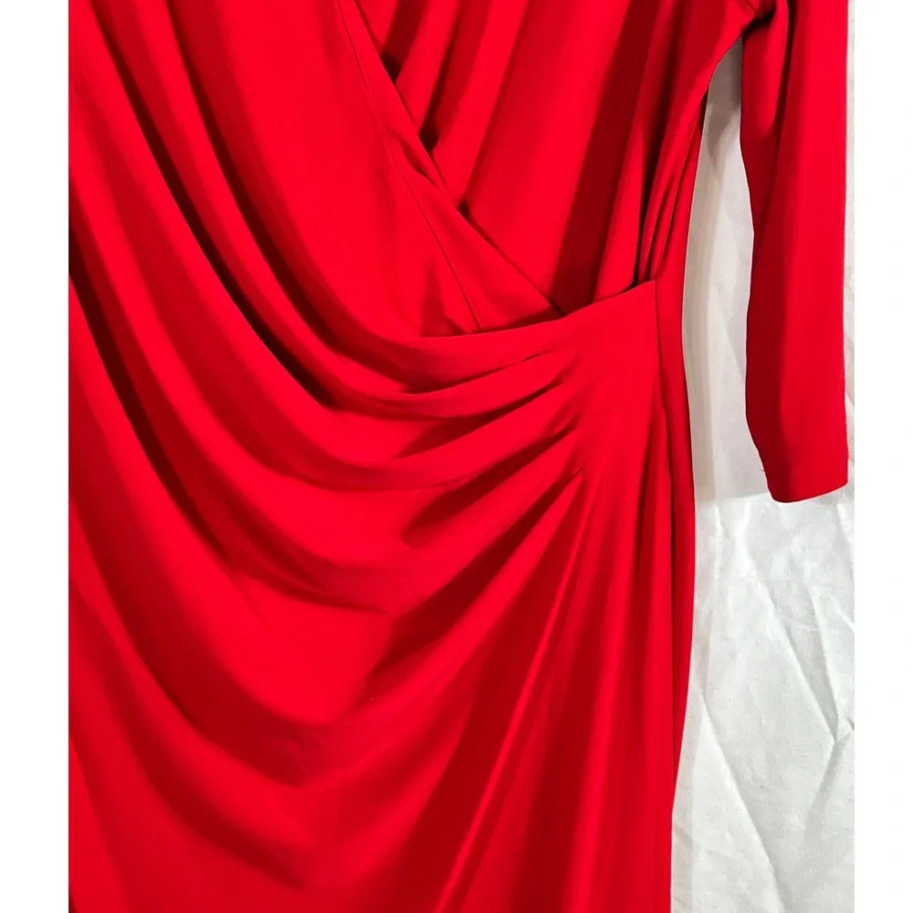 Lauren Ralph Lauren Women Red Ruched Faux Wrap Sheath Dress Sz 14 V Neck Stretch